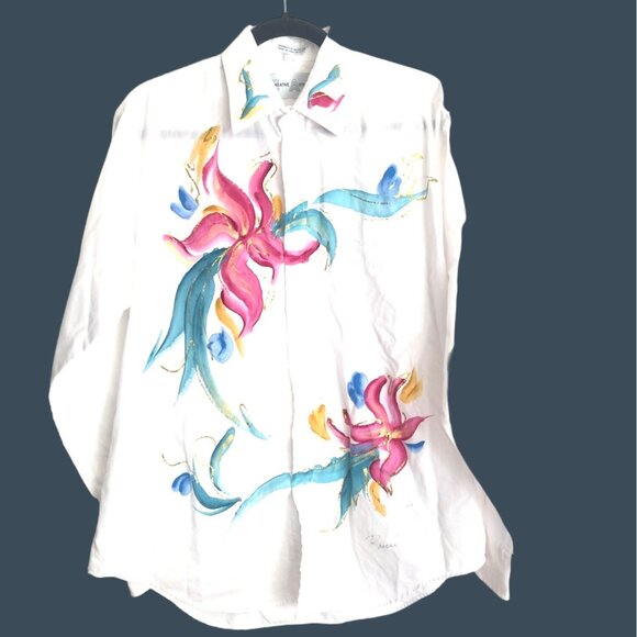 CREATIVE ARTWEAR- WOMENS WHITE FLORAL LONG SLEEVE BUTTOM FRONT SHIRT SIZE MEDIUM - Picture 2 of 6